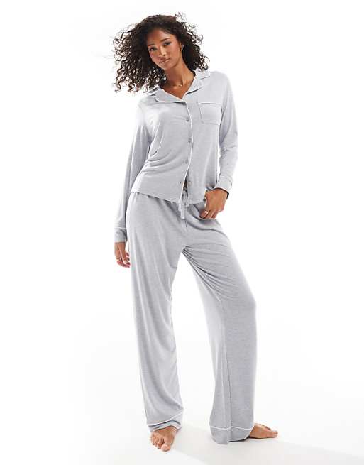 DESIGN super soft long sleeve shirt & trouser pyjama set with contrast piping in grey marl