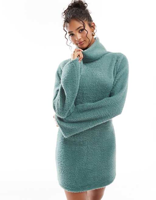 DESIGN Supersoft Fluffy Roll Neck Mini Jumper Dress In Green