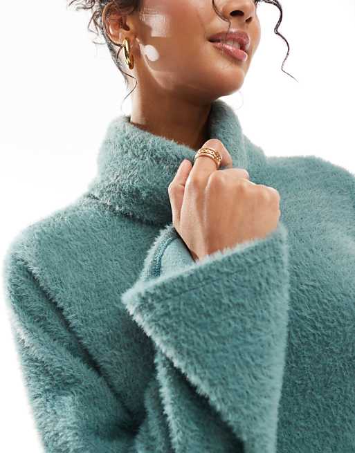 DESIGN Supersoft Fluffy Roll Neck Mini Jumper Dress In Green