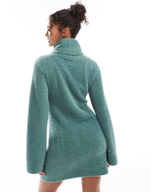 DESIGN Supersoft Fluffy Roll Neck Mini Jumper Dress In Green