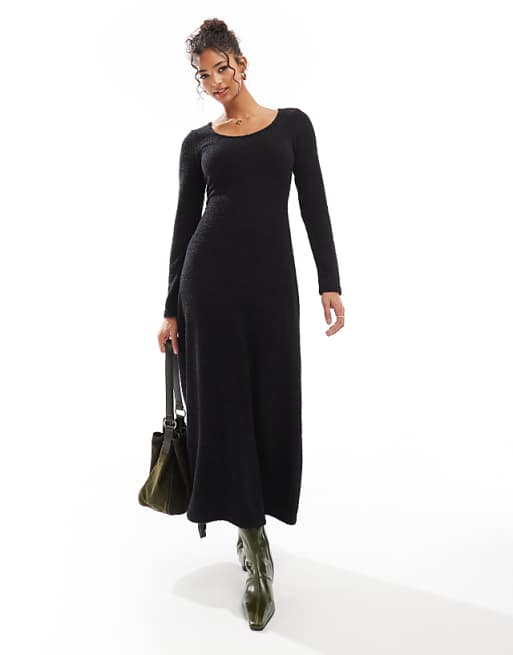 DESIGN supersoft scoop neck fit and flare midi dress in black