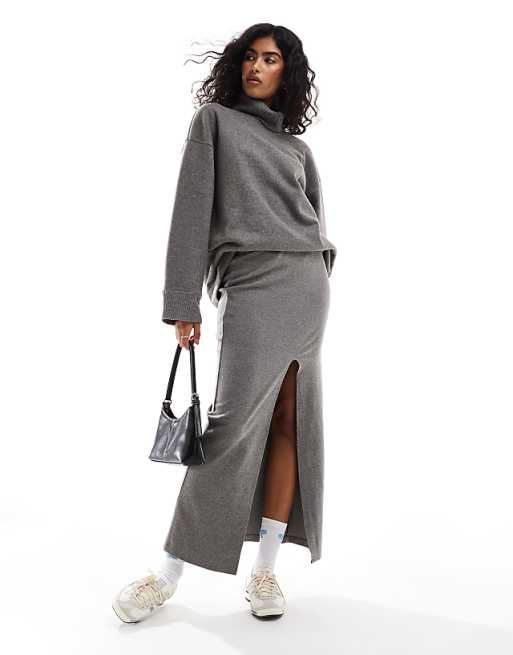 DESIGN supersoft split front maxi skirt in charcoal marl