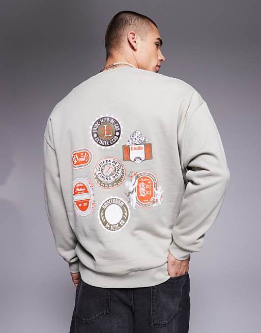 DESIGN Sweatshirt With Beer Mat Prints In Grey
