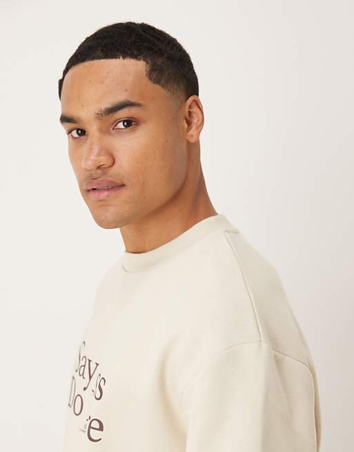 DESIGN Sweatshirt With Text Print In Beige