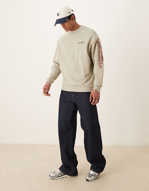 DESIGN Sweatshirt With Text Sleeve Prints In Stone