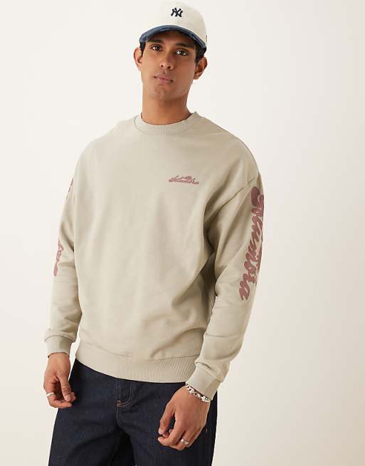 DESIGN sweatshirt with text sleeve prints in stone