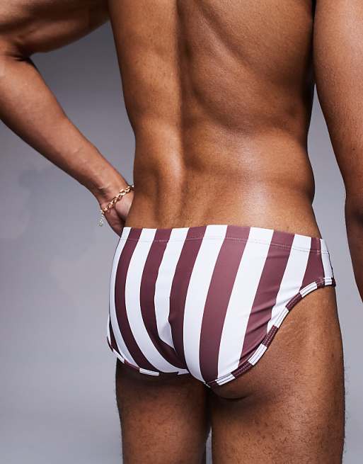 DESIGN Swim Brief In Burgundy And White Stripe