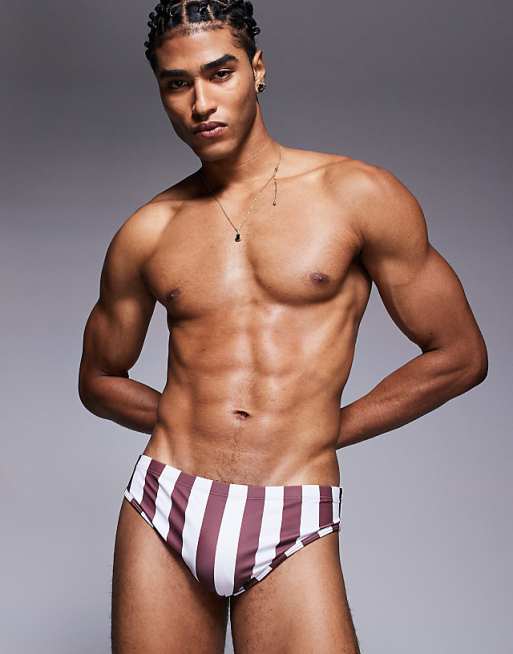 DESIGN swim brief in burgundy and white stripe