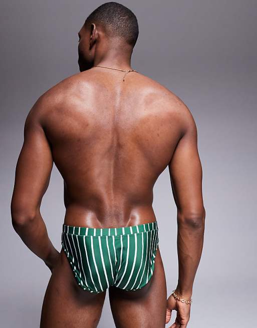 DESIGN Swim Briefs In Green And White Stripe