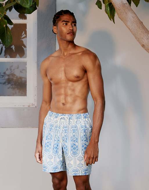 DESIGN Swim Short In Mid Length With Ornate Floral In Blue