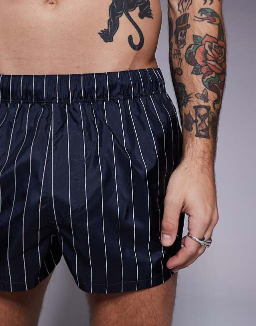 DESIGN Swim Short In Super Short Length In Navy And White Pin Stripe