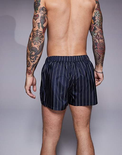 DESIGN Swim Short In Super Short Length In Navy And White Pin Stripe