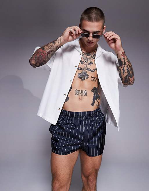 DESIGN swim short in super short length in navy and white pin stripe