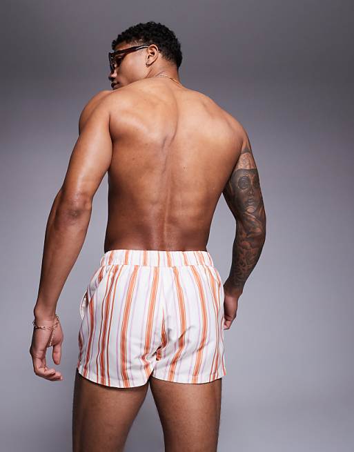 DESIGN Swim Short In Super Short Length In White And Orange Stripe