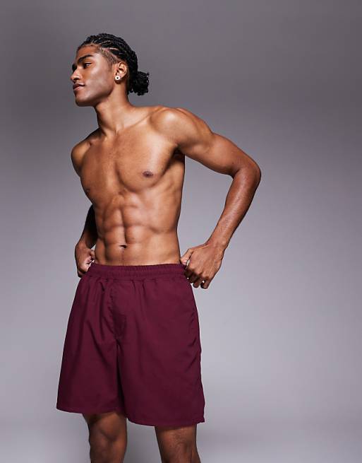 DESIGN Swim Shorts In Long Length In Burgundy