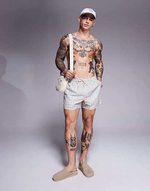 DESIGN Swim Shorts In Mid Length In Blue Check