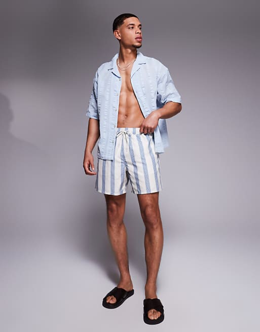 DESIGN Swim Shorts In Mid Length In Blue Stripe