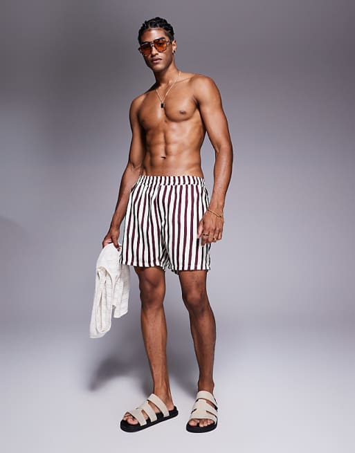 DESIGN Swim Shorts In Mid Length In Burgundy Stripe
