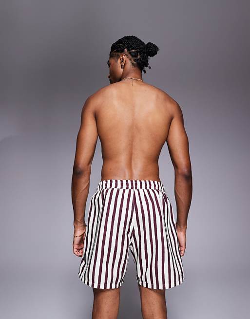 DESIGN Swim Shorts In Mid Length In Burgundy Stripe