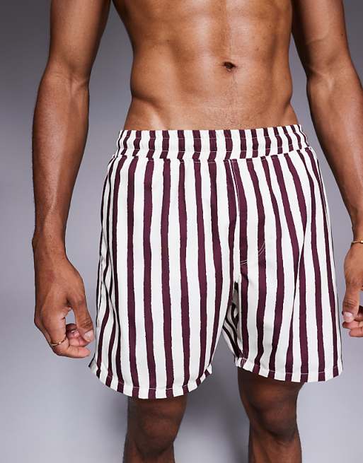 DESIGN Swim Shorts In Mid Length In Burgundy Stripe