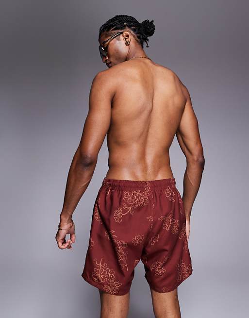 DESIGN Swim Shorts In Mid Length In Burgundy Floral Print