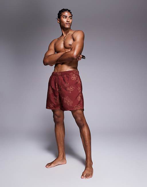 DESIGN Swim Shorts In Mid Length In Burgundy Floral Print
