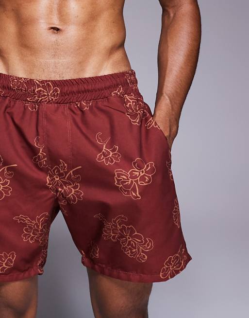DESIGN Swim Shorts In Mid Length In Burgundy Floral Print