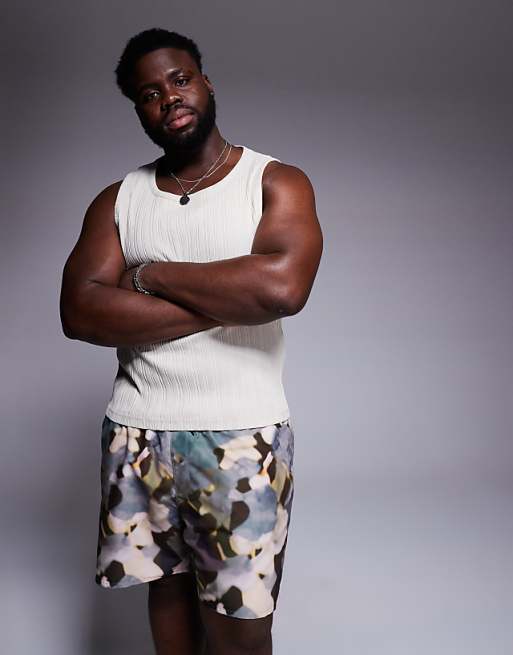 DESIGN Swim Shorts In Mid Length In Green Camo Print