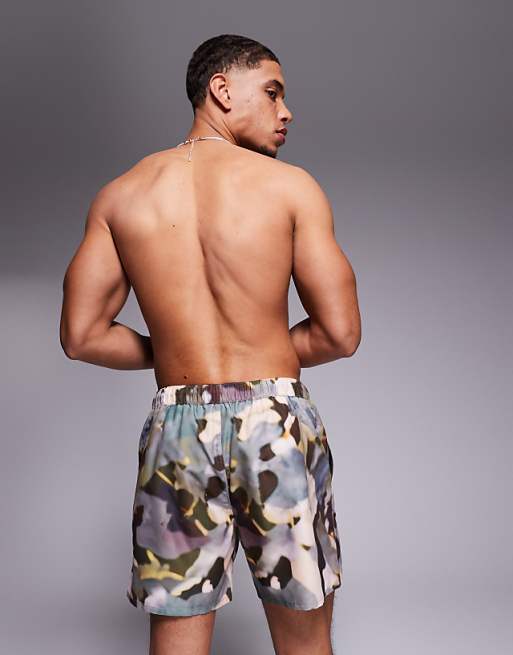 DESIGN Swim Shorts In Mid Length In Green Camo Print