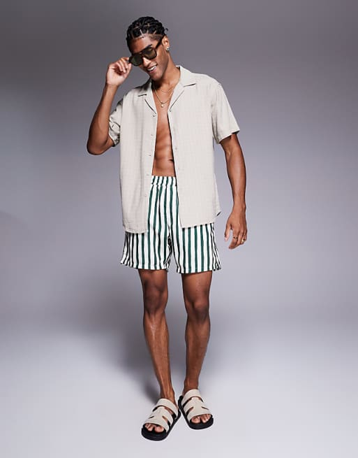 DESIGN Swim Shorts In Mid Length In Green Stripe