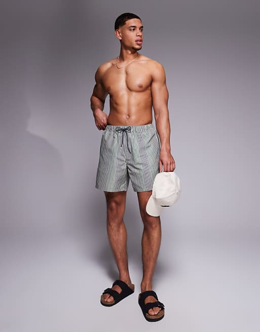 DESIGN Swim Shorts In Mid Length In Green Stripe