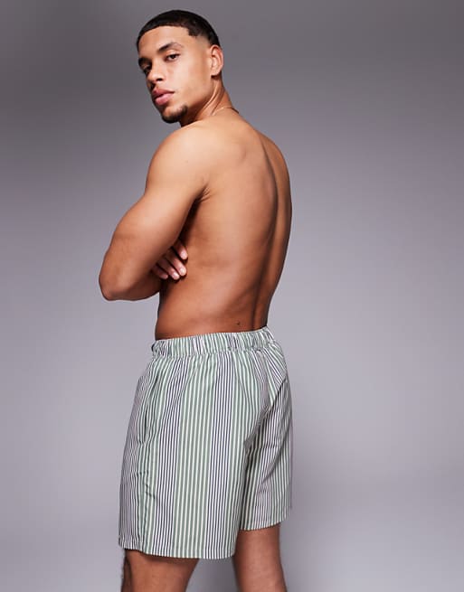 DESIGN Swim Shorts In Mid Length In Green Stripe