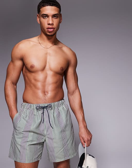 DESIGN swim shorts in mid length in green stripe