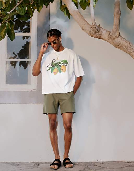DESIGN Swim Shorts In Mid Length In Khaki