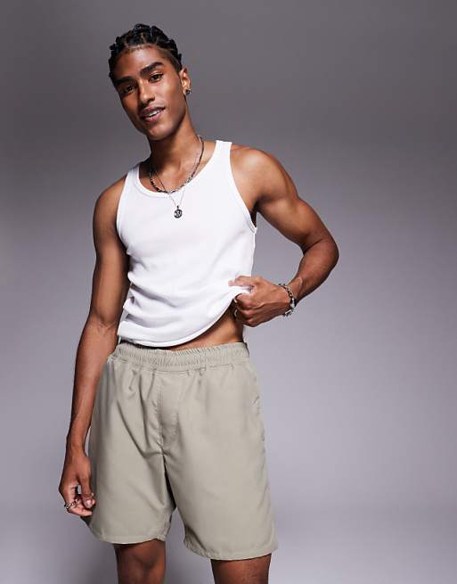 DESIGN Swim Shorts In Mid Length In Khaki