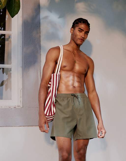 DESIGN swim shorts in mid length in khaki
