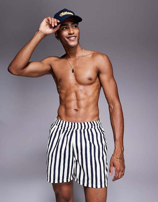 DESIGN swim shorts in mid length in navy stripe