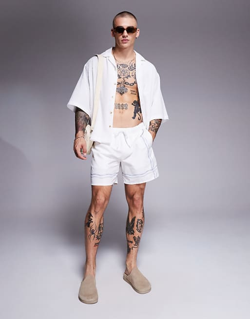 DESIGN Swim Shorts In Mid Length In Stone With Border Print