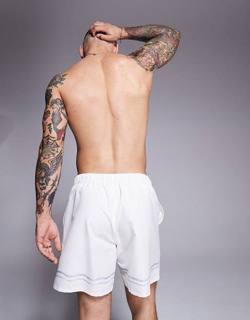 DESIGN Swim Shorts In Mid Length In Stone With Border Print