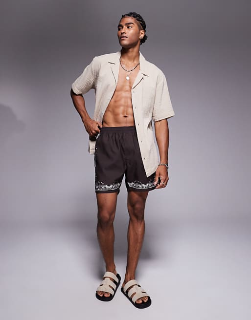 DESIGN Swim Shorts In Mid Length With Border Print In Brown