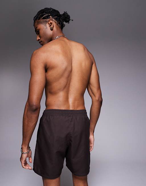 DESIGN Swim Shorts In Mid Length With Border Print In Brown