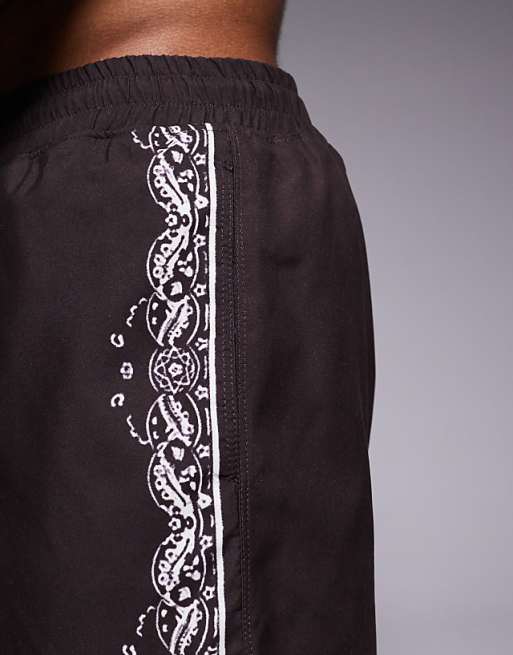 DESIGN Swim Shorts In Mid Length With Border Print In Brown
