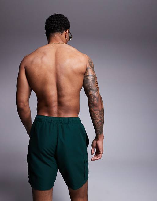DESIGN Swim Shorts In Mid Length With Cargo Pockets In Green