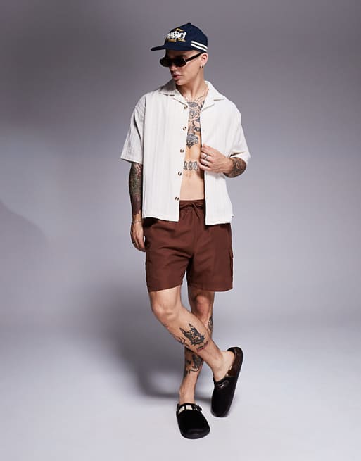 DESIGN Swim Shorts In Mid Length With Cargo Pockets In Dark Brown