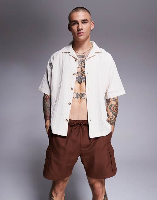 DESIGN Swim Shorts In Mid Length With Cargo Pockets In Dark Brown