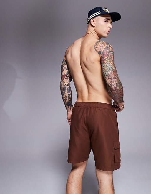 DESIGN Swim Shorts In Mid Length With Cargo Pockets In Dark Brown