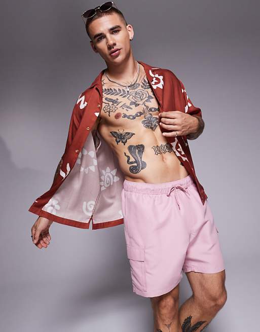 DESIGN Swim Shorts In Mid Length With Cargo Pockets In Pink