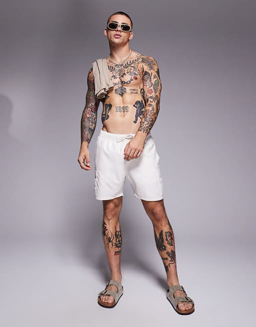 DESIGN Swim Shorts In Mid Length With Cargo Pockets In Neutral