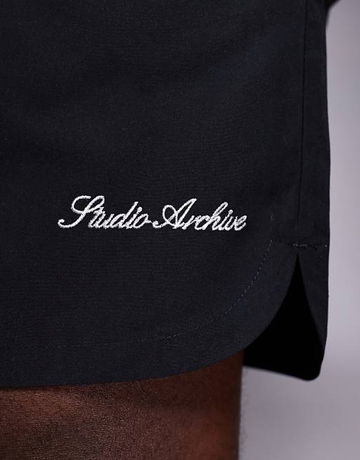 DESIGN Swim Shorts In Mid Length With Embroidery Placement In Black
