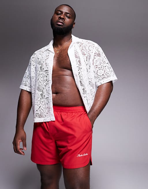 DESIGN Swim Shorts In Mid Length With Embroidery In Red